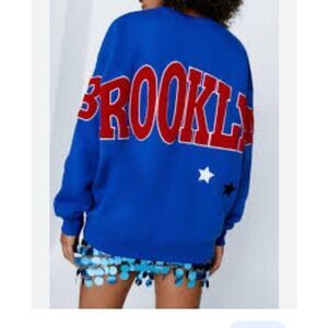 Nasty Gal Blue 'Brooklyn' Graphic Sweatshirt with Red Lettering